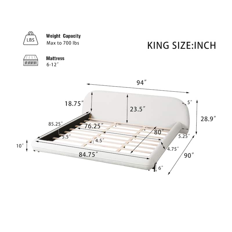 Upholstered Bed Ground Bed with Curved Headboard White Boucle