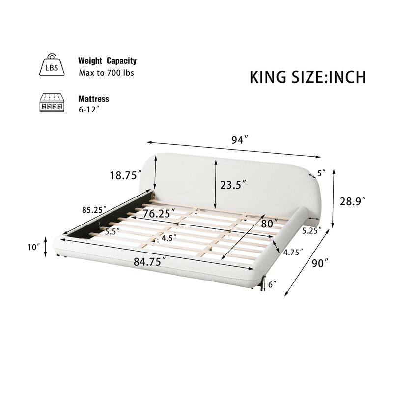 White Upholstered Boucle Fabric Low-Profile Platform Bed Frame with Thought Embeded Curved Thick Headboard and Metal Support Leg