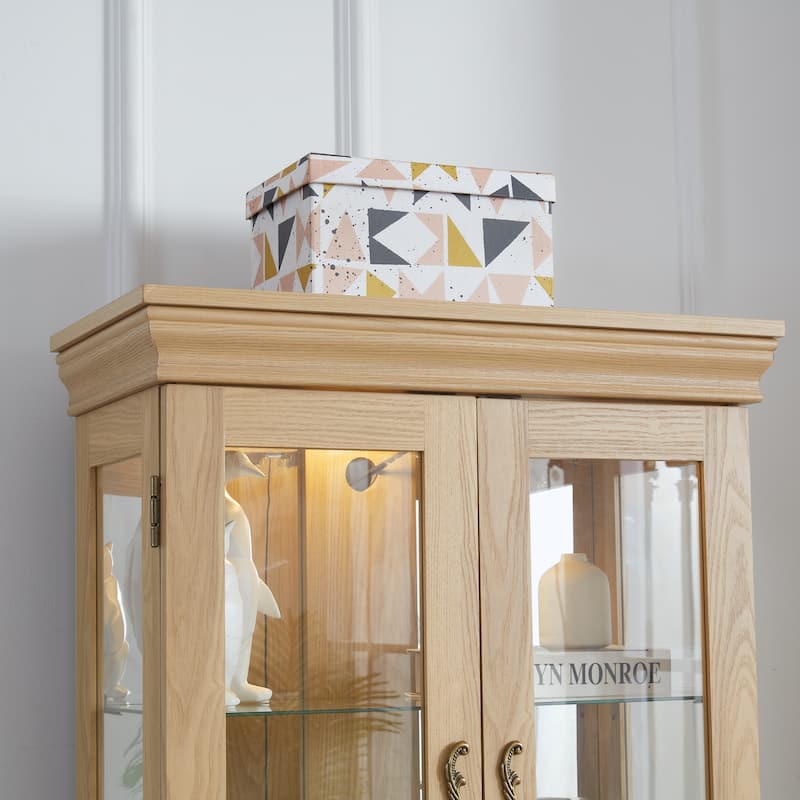 Lighted Glass Curio Display Cabinet,Glass Storage Cabinet Wood Frame Toy Display, Pantry light bulb included