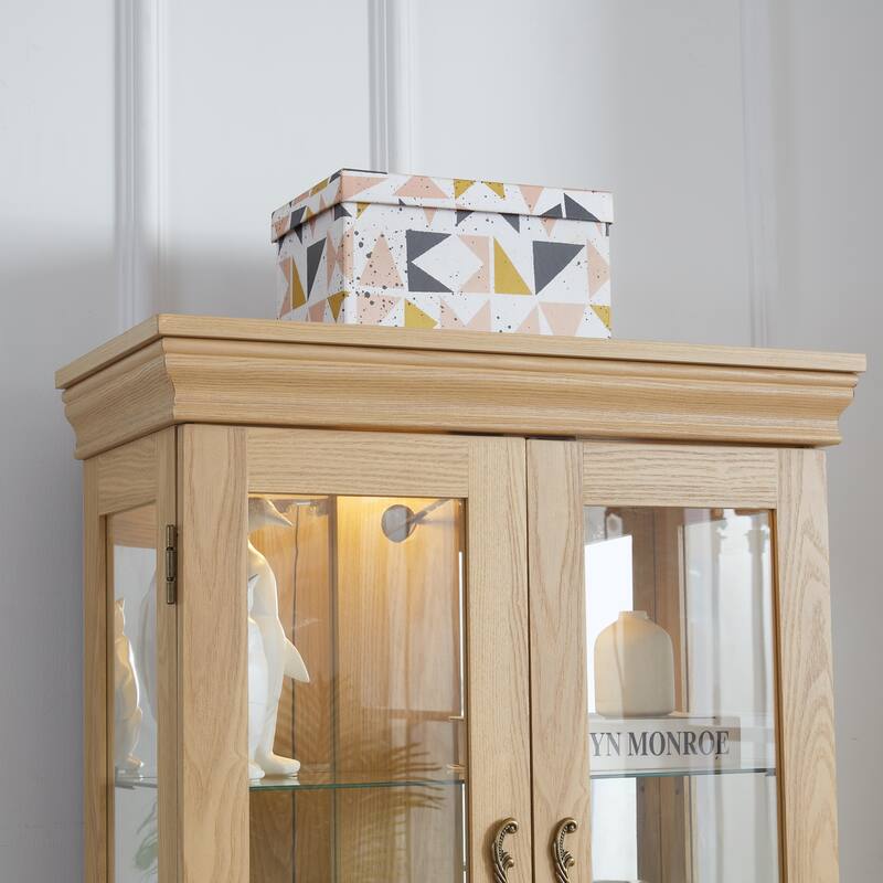 Lighted Glass Curio Display Cabinet: Wood Frame, Wine/Toy Storage - For Living Room/Kitchen, Bulb Included