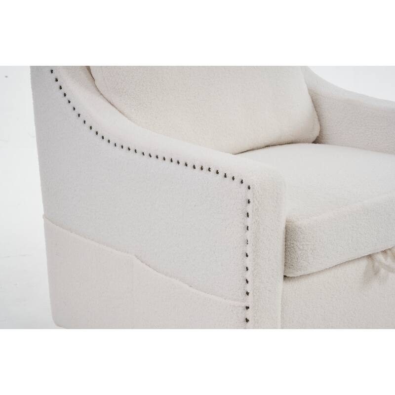 360° Swivel Accent Chair with 1 Back Pillow, Teddy Upholstered Reading Chair with Rivet Trim, Single Sofa Chair for Living Room