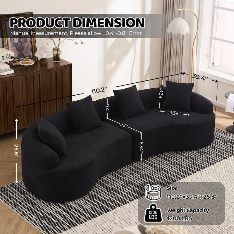 Full Compression Sponge Sofa Black Curved Modular Sectional, 30D High-Density Chenille Sleeper Couch, 1200 lbs 110"L