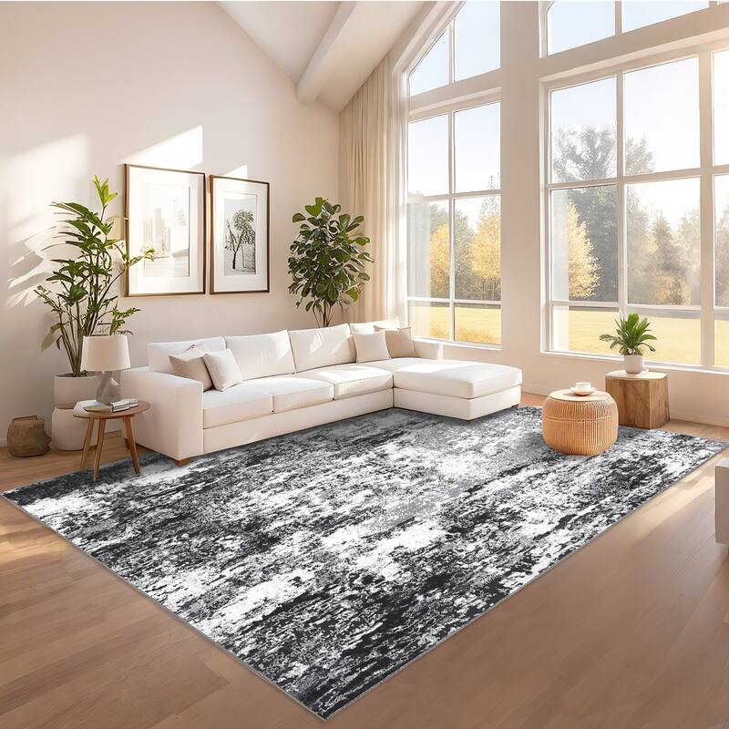 Area Rugs for Living Room Bedroom, Modern Abstract Machine Washable Rug, Low Pile Floor Carpet with Non Slip Backing - 10'x13' - Gray Black