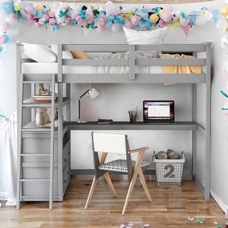 Solid Pine Wood Twin Size Loft Bed With Desk and Drawers