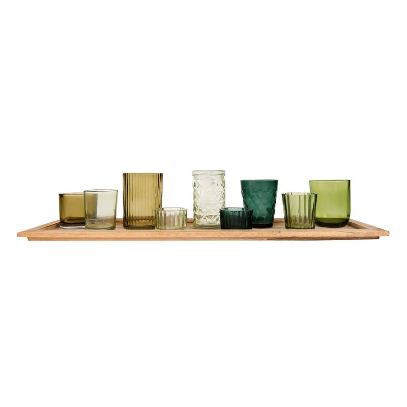 Wood Tray with 9 Blue & Green Glass Votive Holders