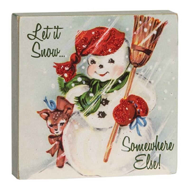 Holiday Season Wooden Snowman Block with Glitter Details and Keyhole Hanger for Wall or Shelf - 4" H x 4" W x 1" D