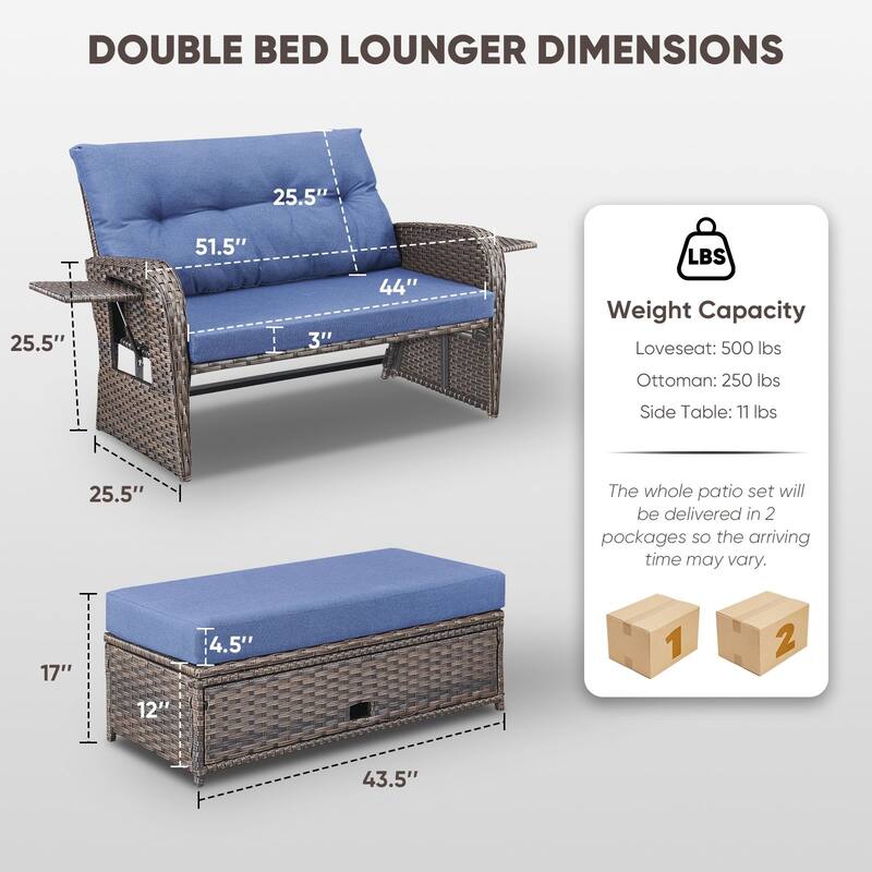 Chaise Lounge Outdoor Double PE Wicker Rattan Patio Reclining Chair - Brown