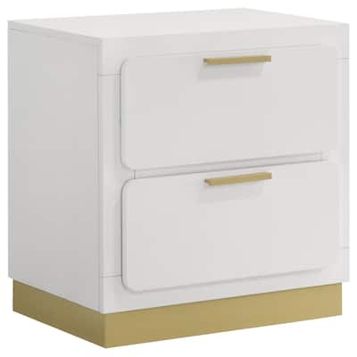 White/Gold 2 Drawer 14.75 in. W Nightstand with Bar Metal Handles