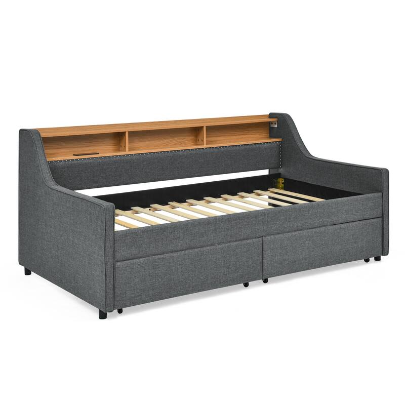 Roomfitters Twin Upholstered Sofa Bed with Adjustable Storage Headboard, Backlit Shelf and Underbed Storage Trundle