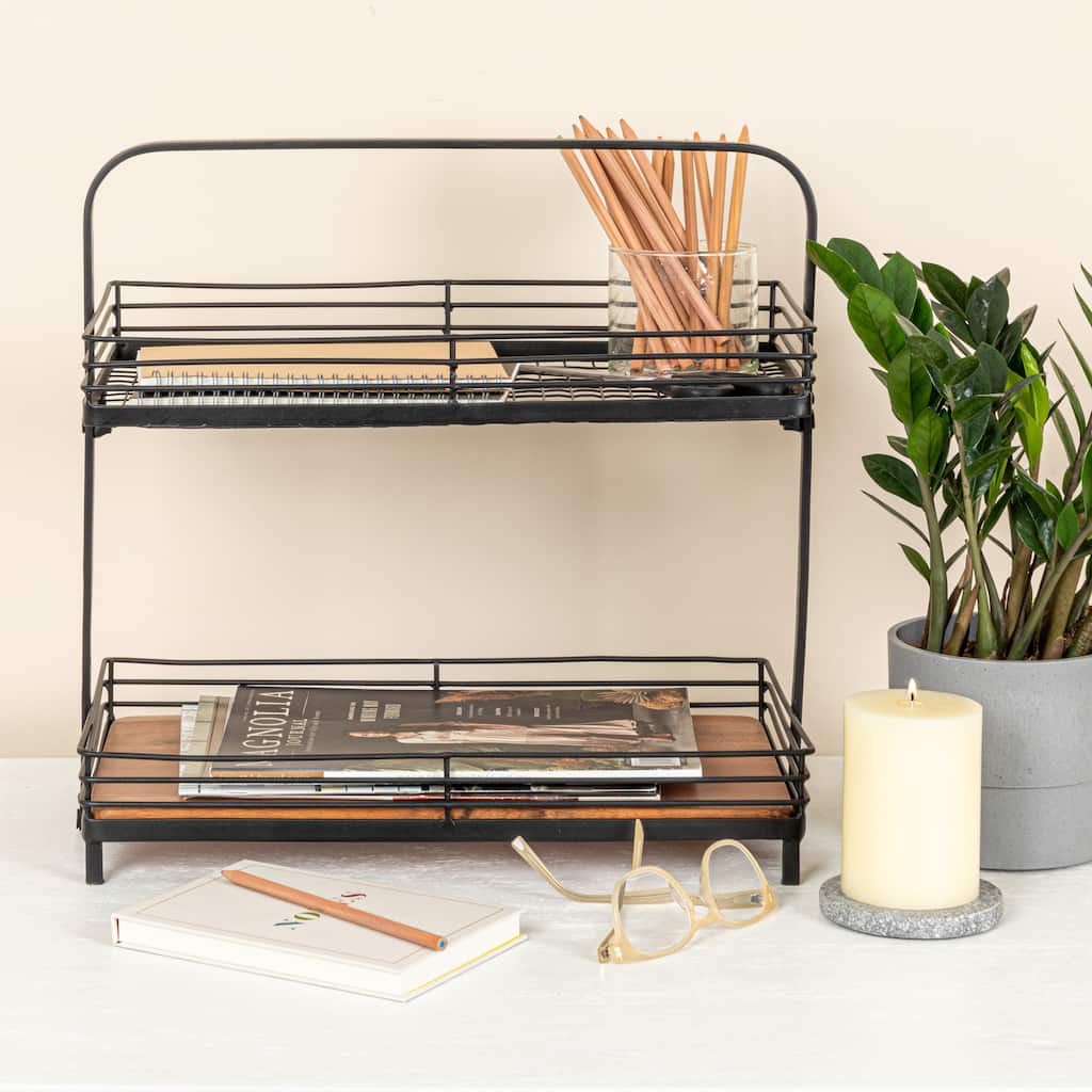 Acacia Wood and Metal 2-Tier Stand