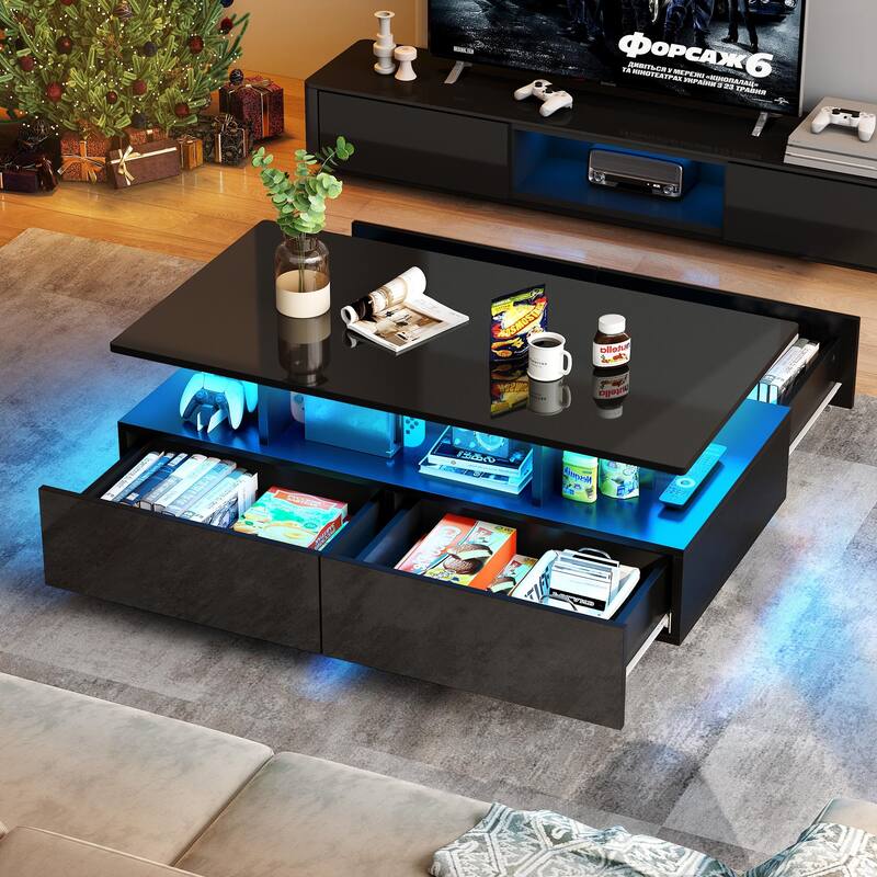 Moasis Modern Coffee Table with Storage High Glossy LED for Living Room