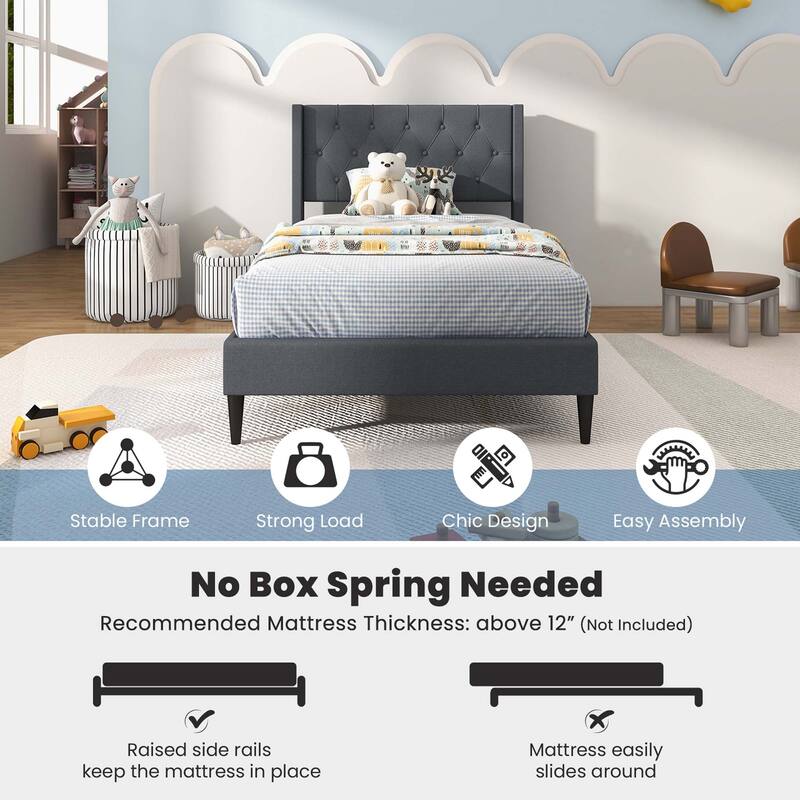 Costway Twin Size Upholstered Platform Bed with Button Tufted Wingback
