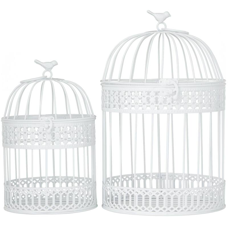 Metal Birdcage with Latch Lock Closure and Hanging Hook - Set of 2 Blue or White - Roche River Decor - White - 16", 12"H
