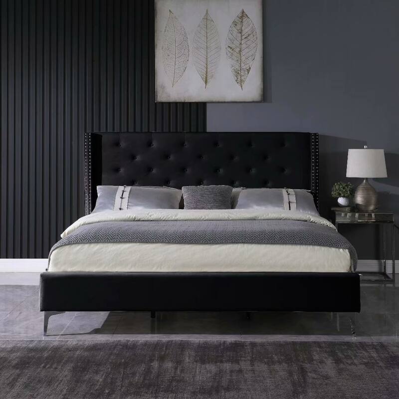 King-sized Velvet Platform Bed Frame - Black