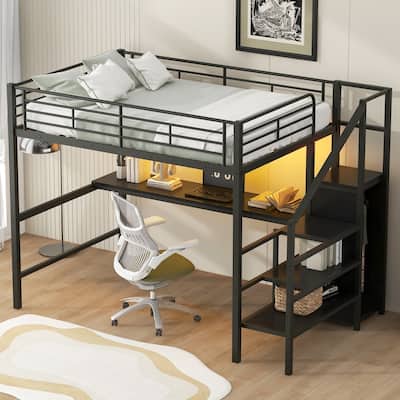 Full Size Metal Loft Bed with Desk, Storage Staircase, Small Wardrobe and LED Light,Black