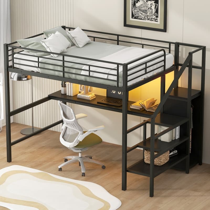 Full Size Metal Loft Bed with Desk, Storage Staircase, Small Wardrobe and LED Light,Black