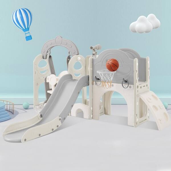 slide 2 of 9, 8 in 1 Toddler Slide and Swing Set, Kids Playground Climber Slide Playset w/ Basketball Hoop & Non-Slip Steps for Indoor Outdoor Grey+White