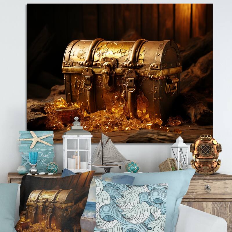 Designart "Pirates Gold Treasure I" Pirate Wall Art Yellow Modern Wrapped Canvas For Hallway Décor - 20 in. wide x 12 in. high