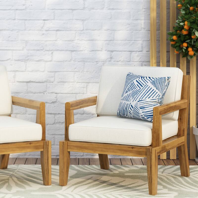 Outdoor Club Chairs with Cushions, 29'' H X 26.5'' W X 29'' D, acacia wood + Teak Finish + Beige