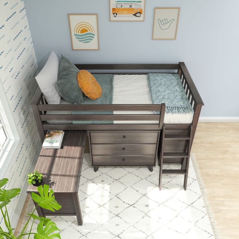 Max and Lily Twin-Size Low Loft with Pull-Out Desk and 3-Drawer Dressers