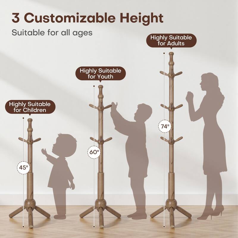 Solid Wood Freestanding Coat Rack Hanger, Coat Tree with 9 Hooks - 74"H x19.29"W