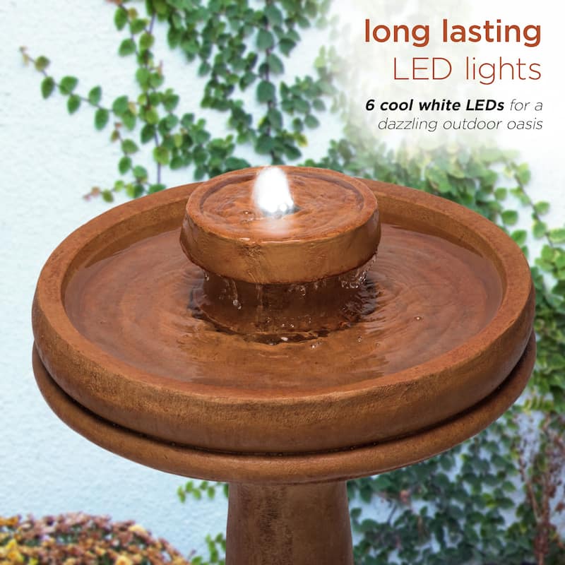 Alpine Corporation TZL202 Outdoor Floor Vintage Pedestal Water Fountain with Bird Bath and LED Lights, 29", Brown