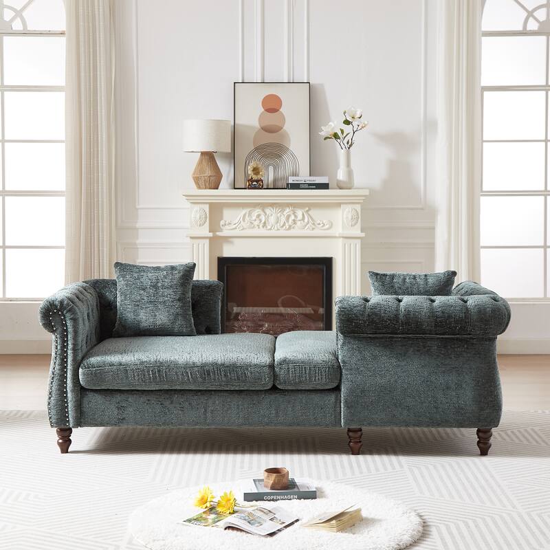 81-inch Chenille Face-to-face Chaise Lounge with Two Pillows,Nailhead trim,Button Tufted Design and Rolled Arms