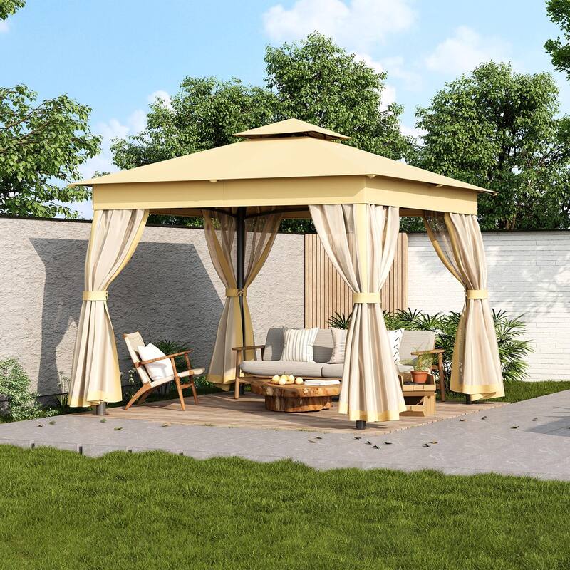 Outdoor Gazebo Tent with Double Roof, Mosquito Netting & Patio Canopy