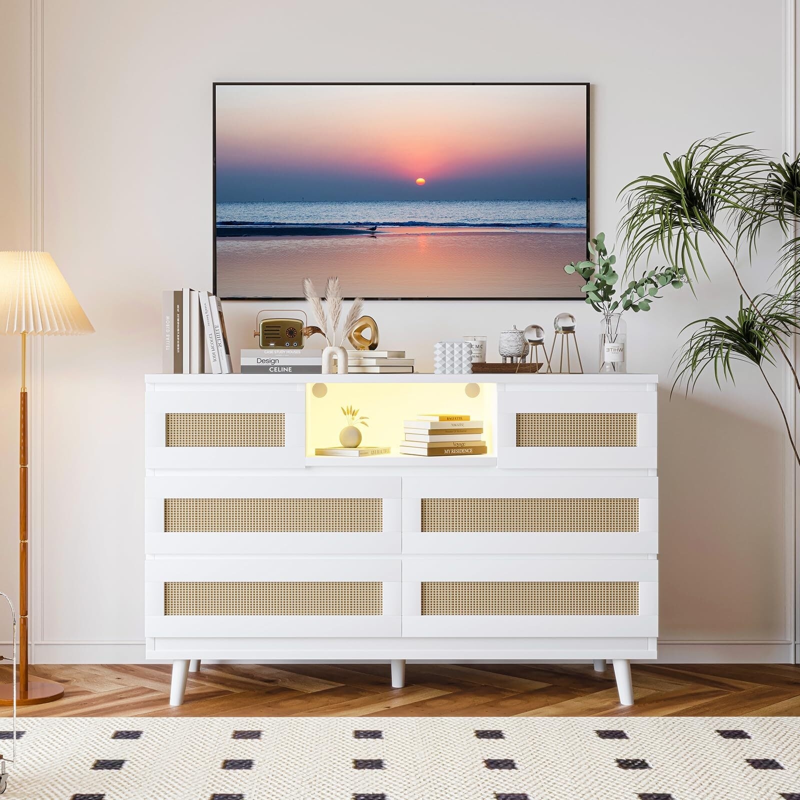 6 Drawer Rattan Dresser with LED Lights and Charging Station