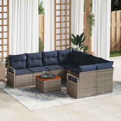 vidaXL 9 Garden Sofa Set with Cushions Black/Grey Poly Rattan - 91.3 x 92.1 x 27.2