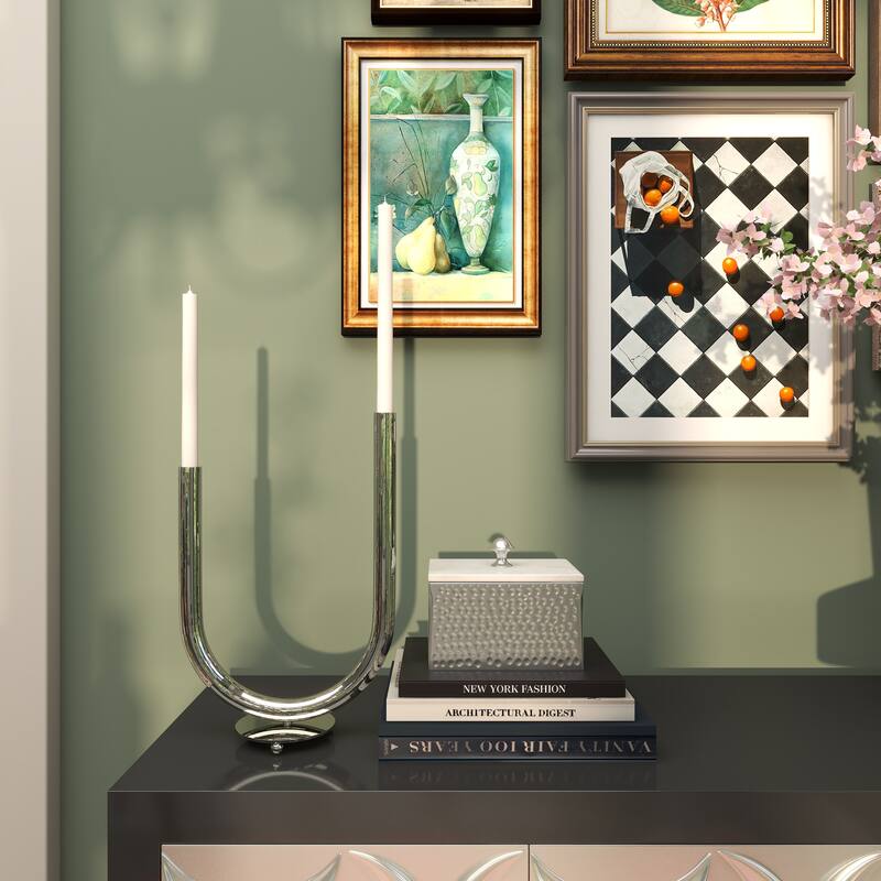 Silver Stainless Steel Metal Abstract U-Shaped Candelabra