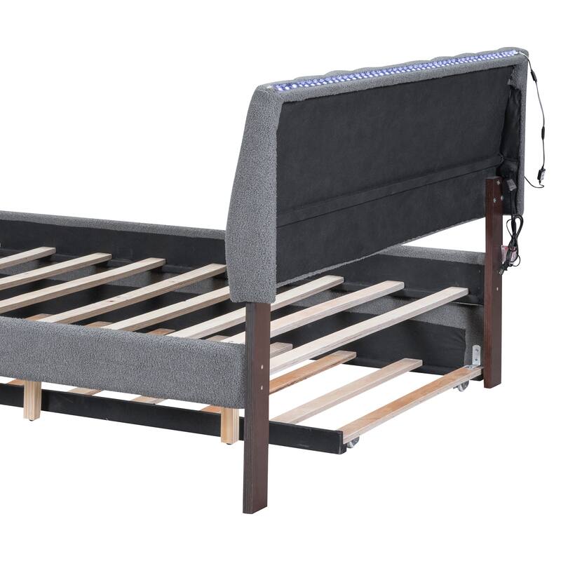 Queen Size Upholstered Platform Bed with Twin XL Trundle, Gray, Remote Control LED Lights, Durable Design