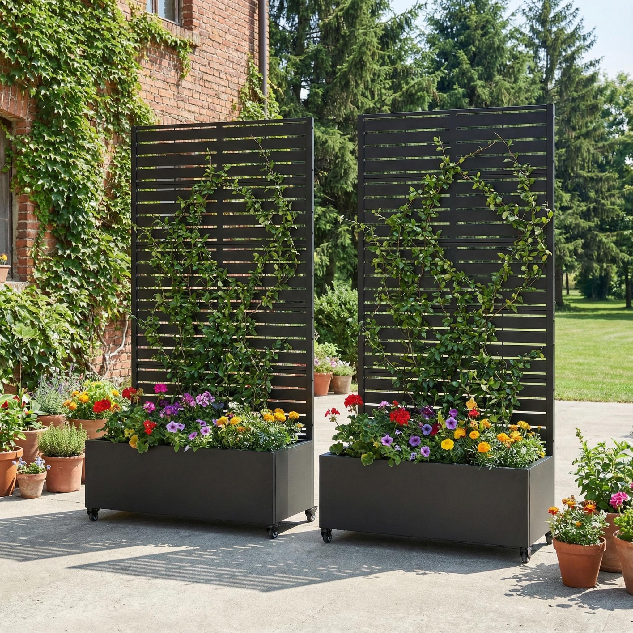 Metal Planter Box with Trellis Privacy Screen Planter Box with Lockable Wheels Set of 2 - Black - 72"x35"