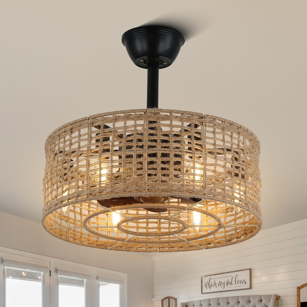 Bella Depot 18" Rustic Ceiling Fan, Rope Woven Caged Ceiling Fan with Light and Remote for Dining Room Bedroom - 18 Inches