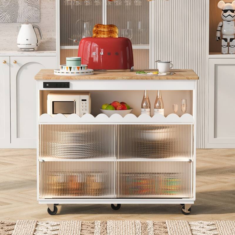 44 in. Rubber Wood Drop-Leaf Countertop Kitchen Island on 5 Wheels with Open Shelf and Wine Rack