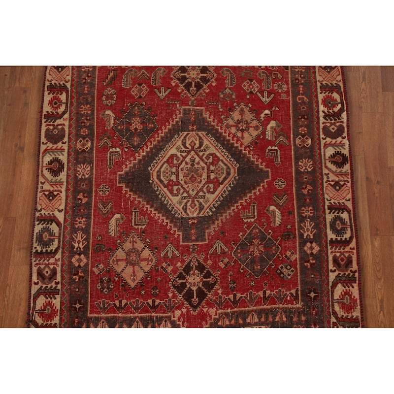 Red Shiraz Persian Antique Area Rug Handmade Wool Carpet - 3'11"x 7'6"