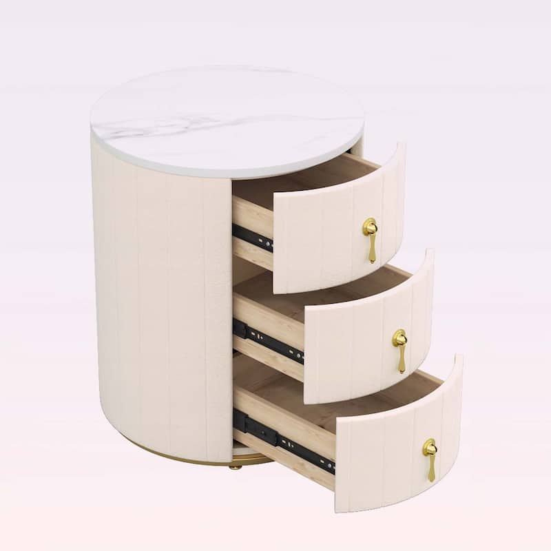 Round Nightstand with 3 Drawers,Metal Handles,Marbling Sticker Top for Bedroom
