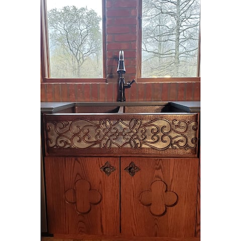 33-in Hammered Copper Apron Front 50/50 Double Basin Kitchen Sink w/ Scroll Design and Nickel Background (KA50DB33229S-NB)