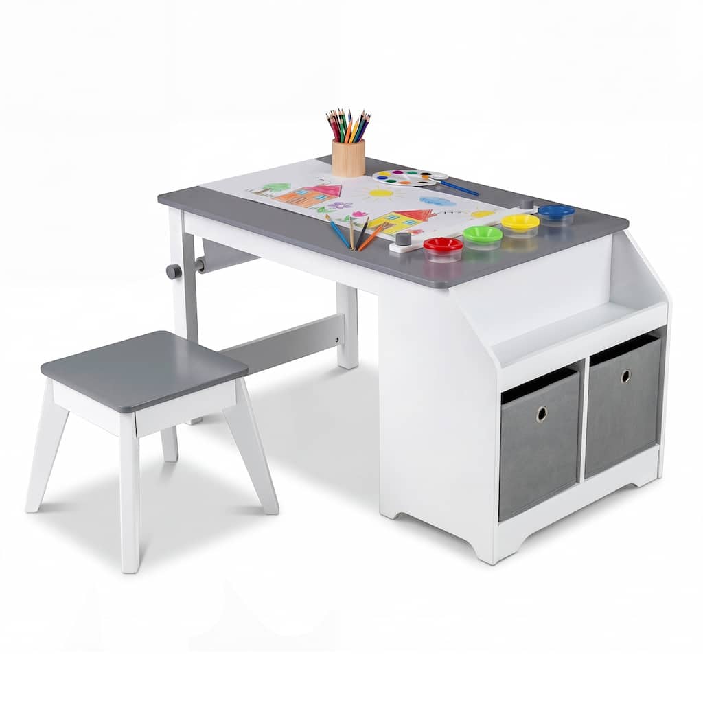 Gymax Kids Art Table & Stool w/Paper Roll 2 Bins & Large Storage for