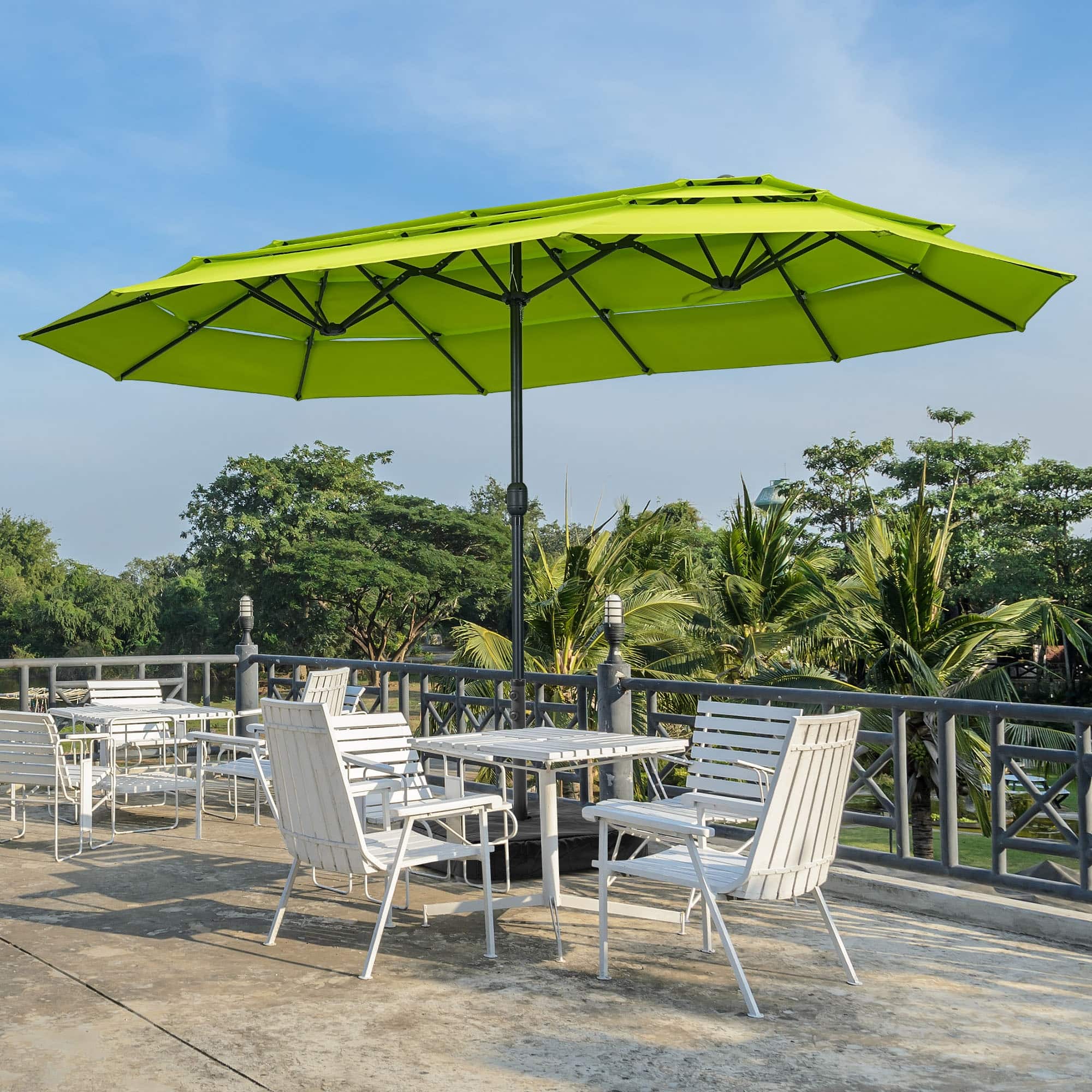 3 patio umbrella pole 10 FT Umbrella, Tier Outdoor Table with 8 Sturdy Glass Fiber Ribs and Push Button Tilt, Outdoor Patio Umbrellas for Market Pool Garden Backyard, 1.5