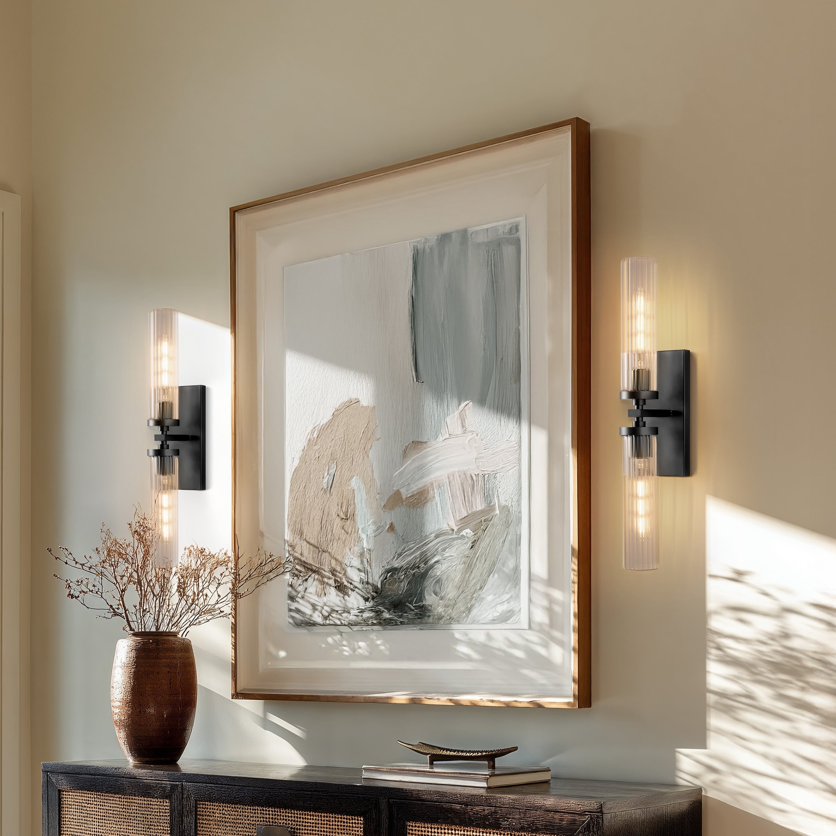 Modern Wall Sconce Metal, Glass & Black, Crystal Clear 2-Light Wall Sconce for Bathroom or Hallway in Modern, Farmhouse Style