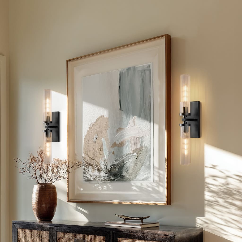 Modern Wall Sconce Metal, Glass & Black, Crystal Clear 2-Light Wall Sconce for Bathroom or Hallway in Modern, Farmhouse Style