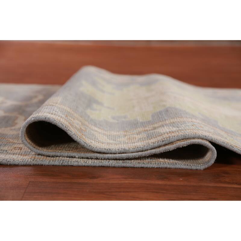 Hand Knotted Oriental 100% Wool Carpet Transitional Floral Greys & Charcoal Oushak Runner Rug - 11' 10'' X 3' 0''