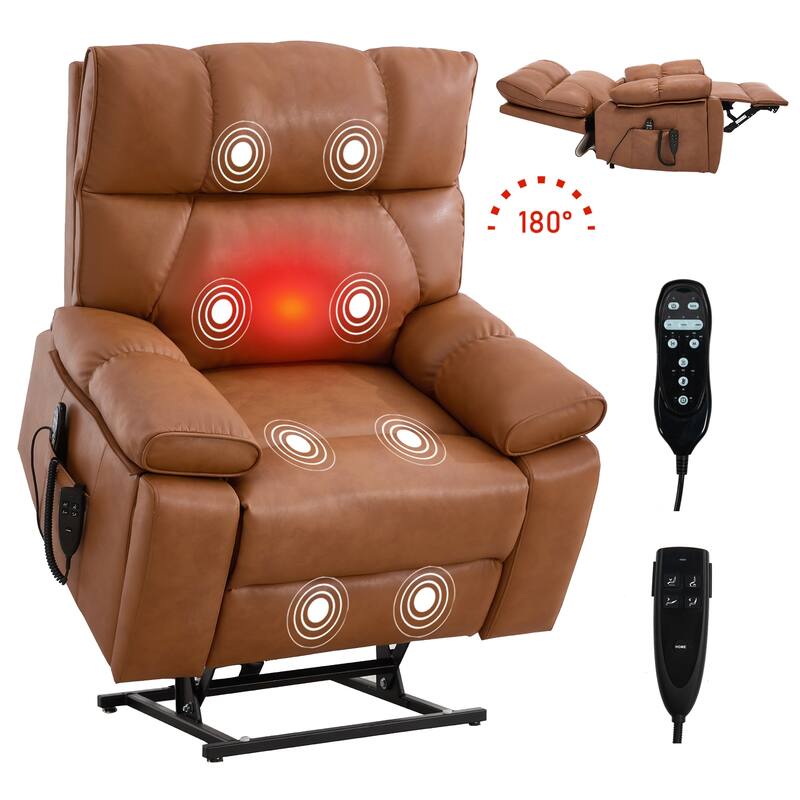 Leatheraire Heat Massage Dual Motor Infinite Position Up to 350 LBS Large Electric Power Lift Recliners with Hidden Cup Holders