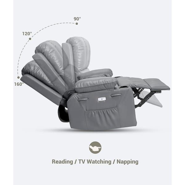 dimension image slide 4 of 15, Oversized power recliner with heat, massage, 360 degrees swivel, and cup holder.