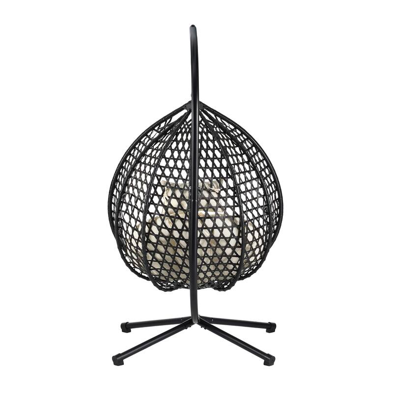 Hollowed-Out Hanging Chair with Adjustable Headrest, Weather-Resistant Rattan Swing Chair with Iron Base