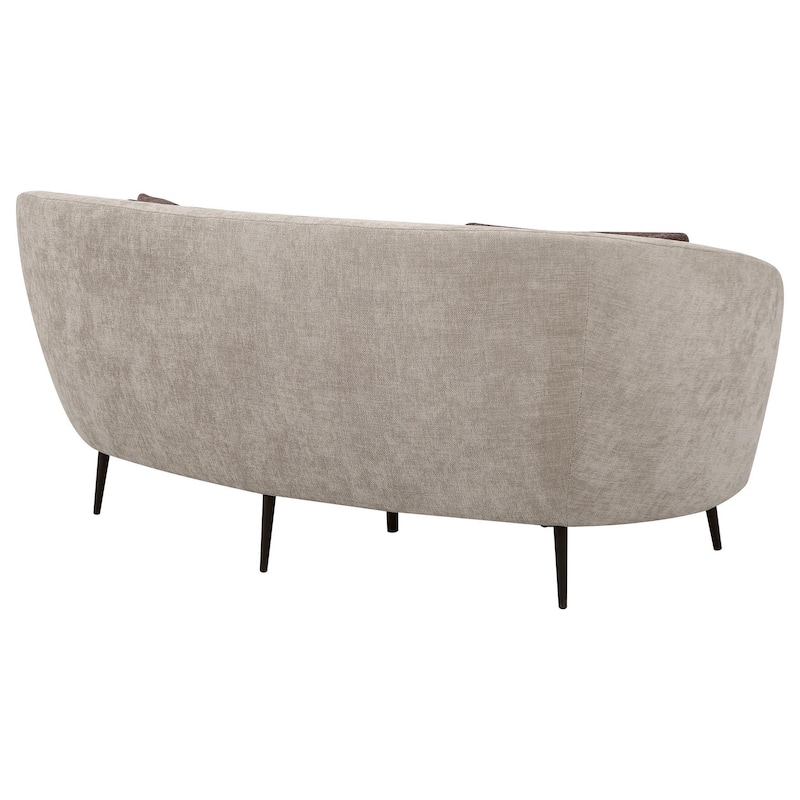 Zui Curved Loveseat, 84 Inch Beige, Round Design, 2 Accent Pillows