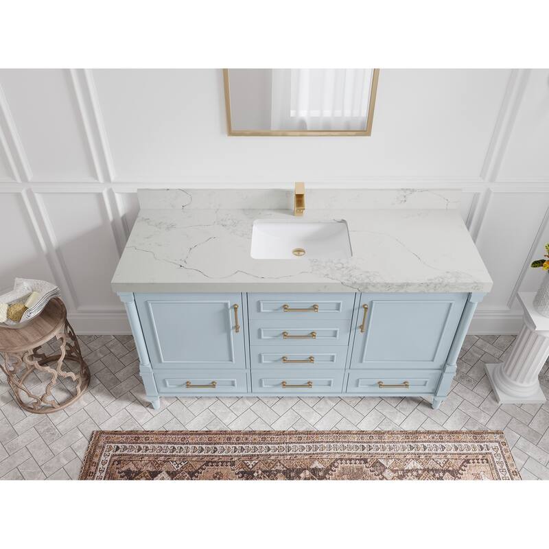 Willow Collections 60 in. W x 22 in. D Reeded Aberdeen Double Bowl Sink Bathroom Vanity with Countertop - 2"Calacatta Nuvo - Blue Heather