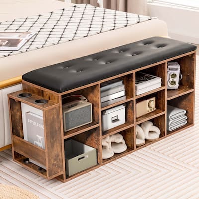 Wooden Shoe Bench Storage Organizer Padded Cushion Umbrella Holder