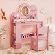 preview thumbnail 3 of 18, Costway Kids Vanity with Lights, 2 Drawers & 2-Tier Bookshelf, 3 Hooks - See Details Pink